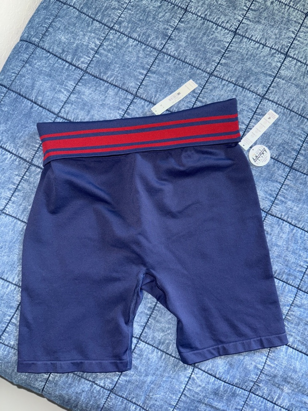 Navy Blue flip it Bike Shorts with Red-Striped Waistband